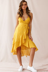 Blessed Wrap Ruffle Hem Midi Dress Dot Print Mustard