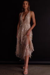 Ariana Sequin Midi Dress Beige