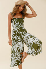 Magdalene Frill Strap Midi Jumpsuit Palm Print Olive