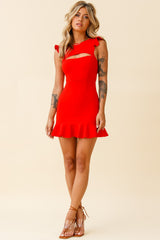 Dinner At 8 Cut-Out Bust Ruffle Shoulder Dress Red
