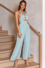 Guest List Halterneck Open Back Jumpsuit Pistachio