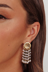 Alina Hammered Circle Tassel Earrings Gold Pearl