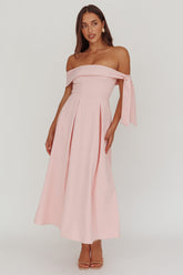 Aurora Sky Off-Shoulder Box Pleat Midi Dress Pink