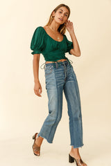 Bright Side Puff Sleeve Ruched Crop Top Forest Green