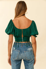 Bright Side Puff Sleeve Ruched Crop Top Forest Green