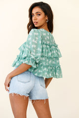 Float On By Layered Ruffle Crop Top Leaf Print Green