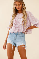 Float On By Layered Ruffle Crop Top Leaf Print Pink