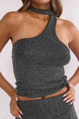 Vespera One-Shoulder Top Silver Black