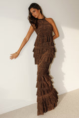 Kaelia Tiered Halter Maxi Dress Sparkle Brown
