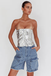 Belgium Strapless Lace-Up Back Top Sequin Silver