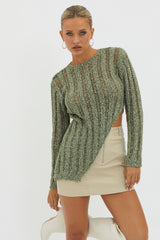 Evergreen Asymmetrical Hem Ribbed Knit Top Olive