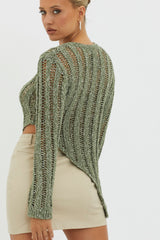 Evergreen Asymmetrical Hem Ribbed Knit Top Olive