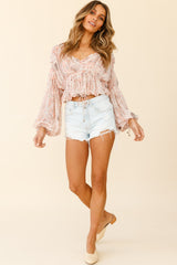 Beau Balloon Sleeve Drawstring Top Ornate Print Pink