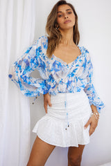 Beau Balloon Sleeve Drawstring Top Floral Print White/Blue
