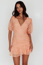 Cherry Blossom Puff Sleeve Wide Ruffle Hem Dress Orange