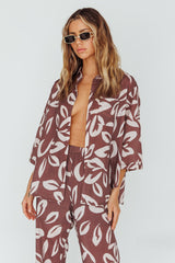 Just A Hunch Button Shirt Leaf Print Chocolate