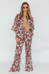 Just A Hunch Button Shirt Leaf Print Chocolate