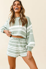 Carlo Long Balloon Sleeve Crop Top Striped Pattern Sage