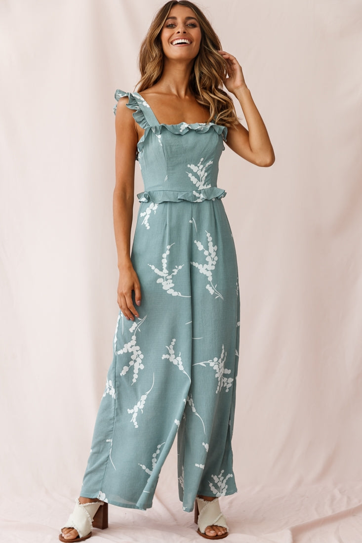 Azure Frill Strap Wide Leg Jumpsuit Sage