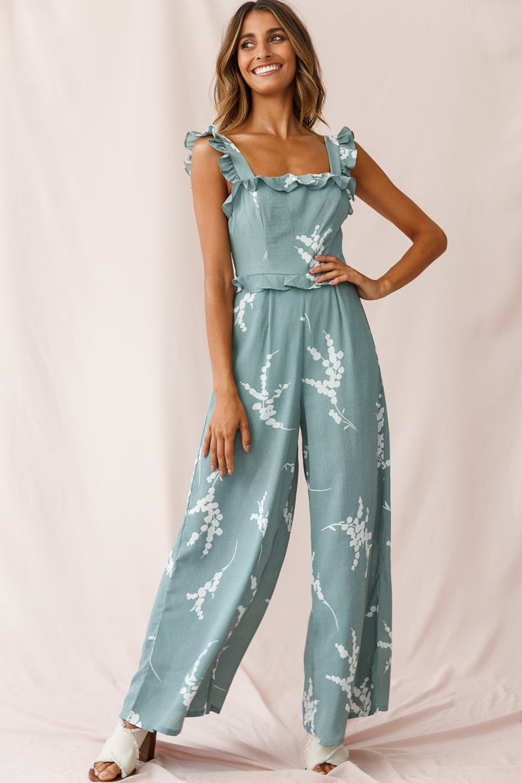 Azure Frill Strap Wide Leg Jumpsuit Sage