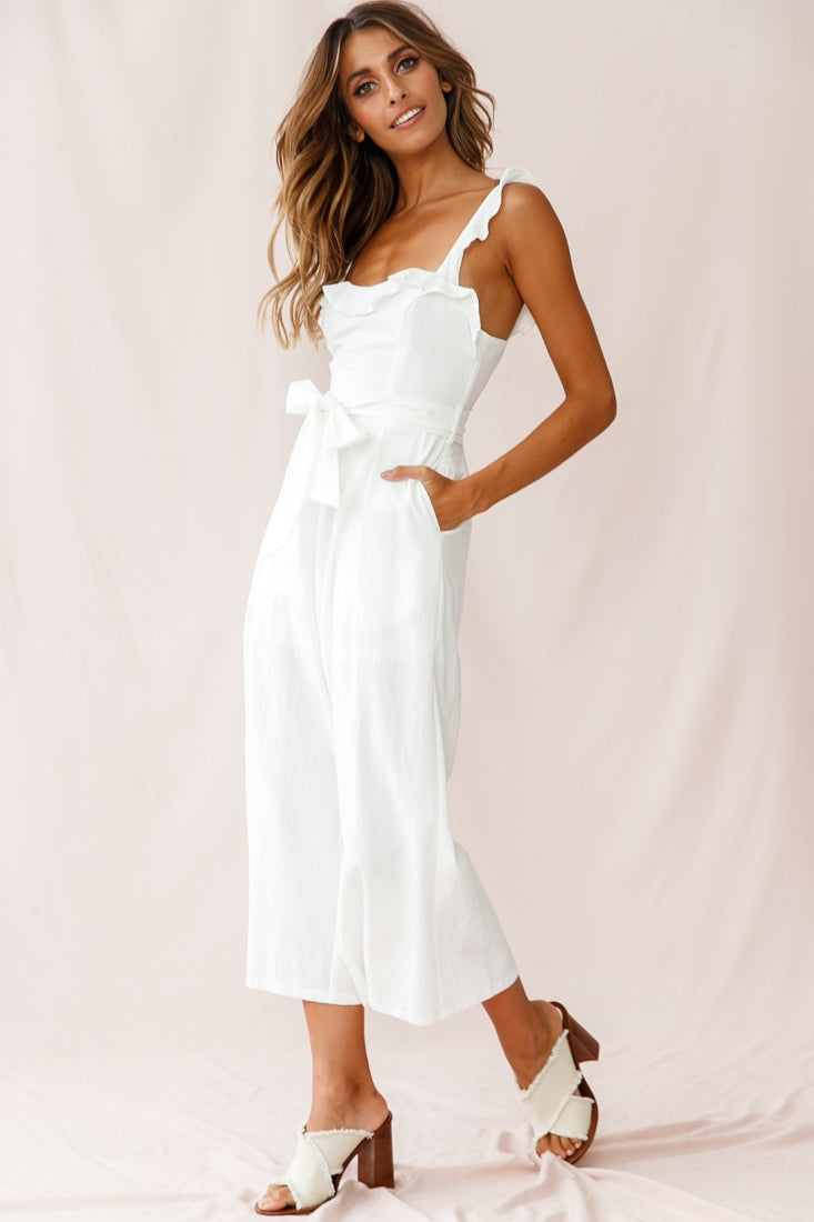 Kaia Ruffle Strap Wide-Leg Capri Jumpsuit White
