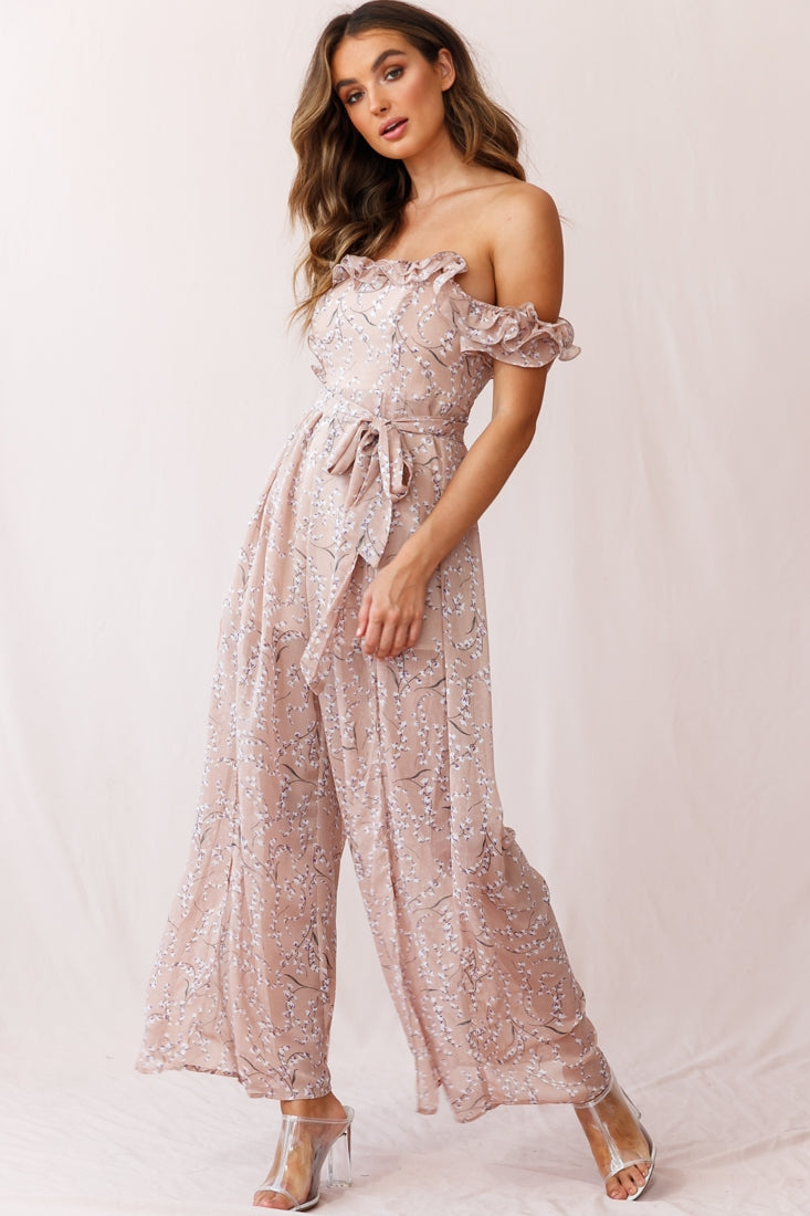 Jazz Bardot Neckline Wide Leg Split Jumpsuit Floral Print Blush