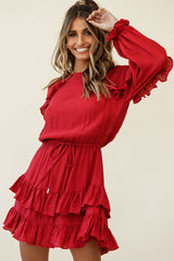Best Wishes Long Sleeve Frill Detail Dress Wine