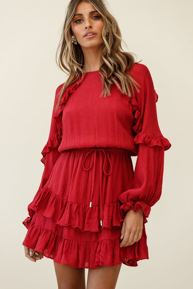 Best Wishes Long Sleeve Frill Detail Dress Wine