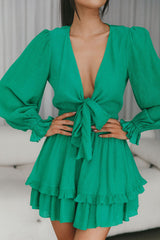 Anthea Bow-Tie Front Layered Frill Dress Green