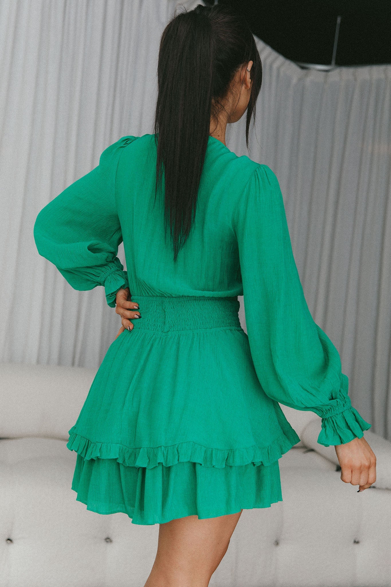 Anthea Bow-Tie Front Layered Frill Dress Green