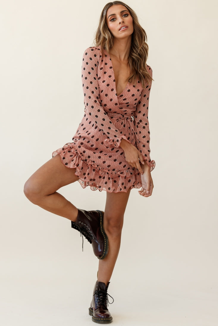 Breckin Long Sleeve Double Frill Hem Dress Polka Dot Print Rust
