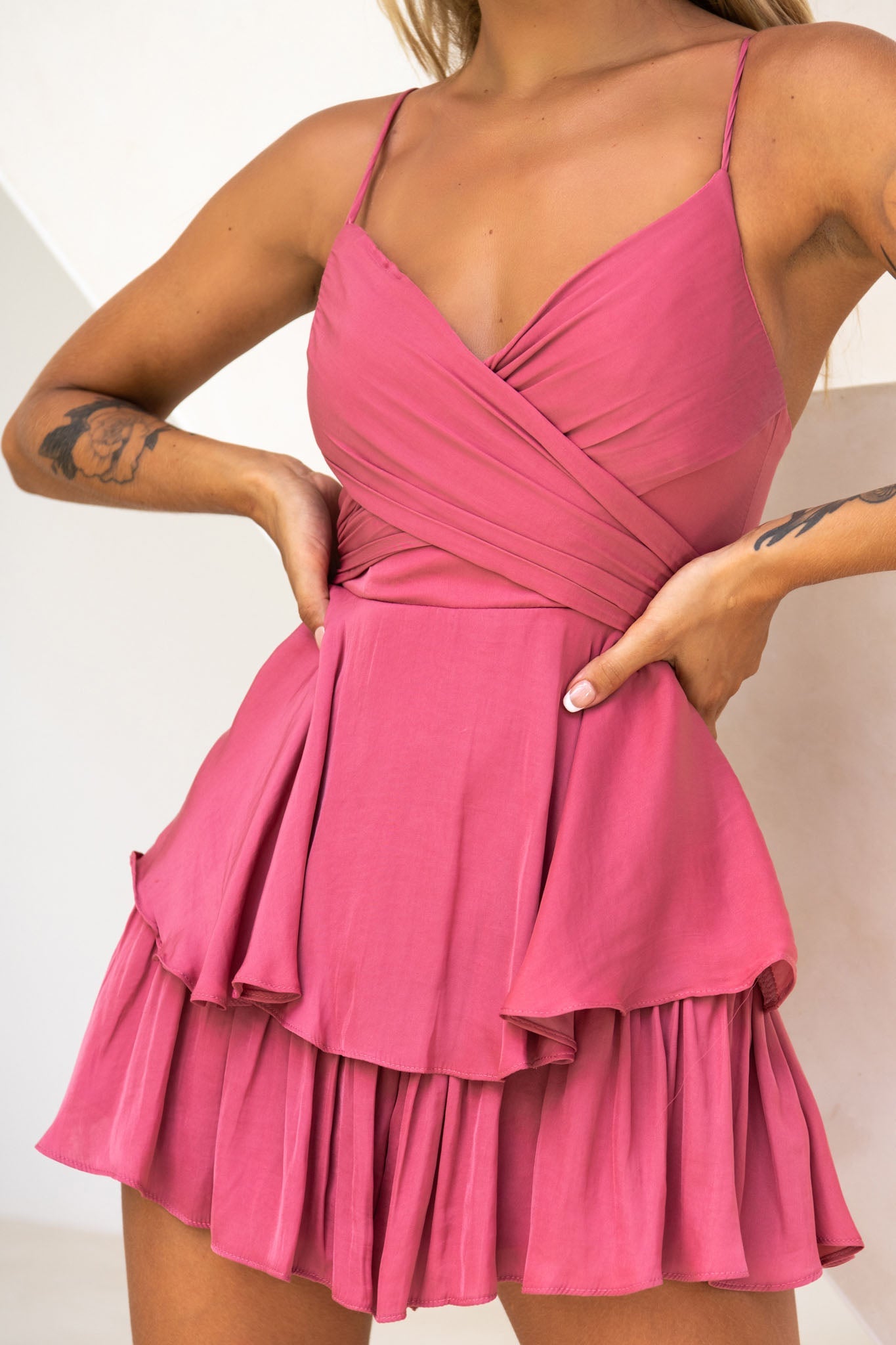 It's Complicated Crossover Bodice Flounce Romper Rose