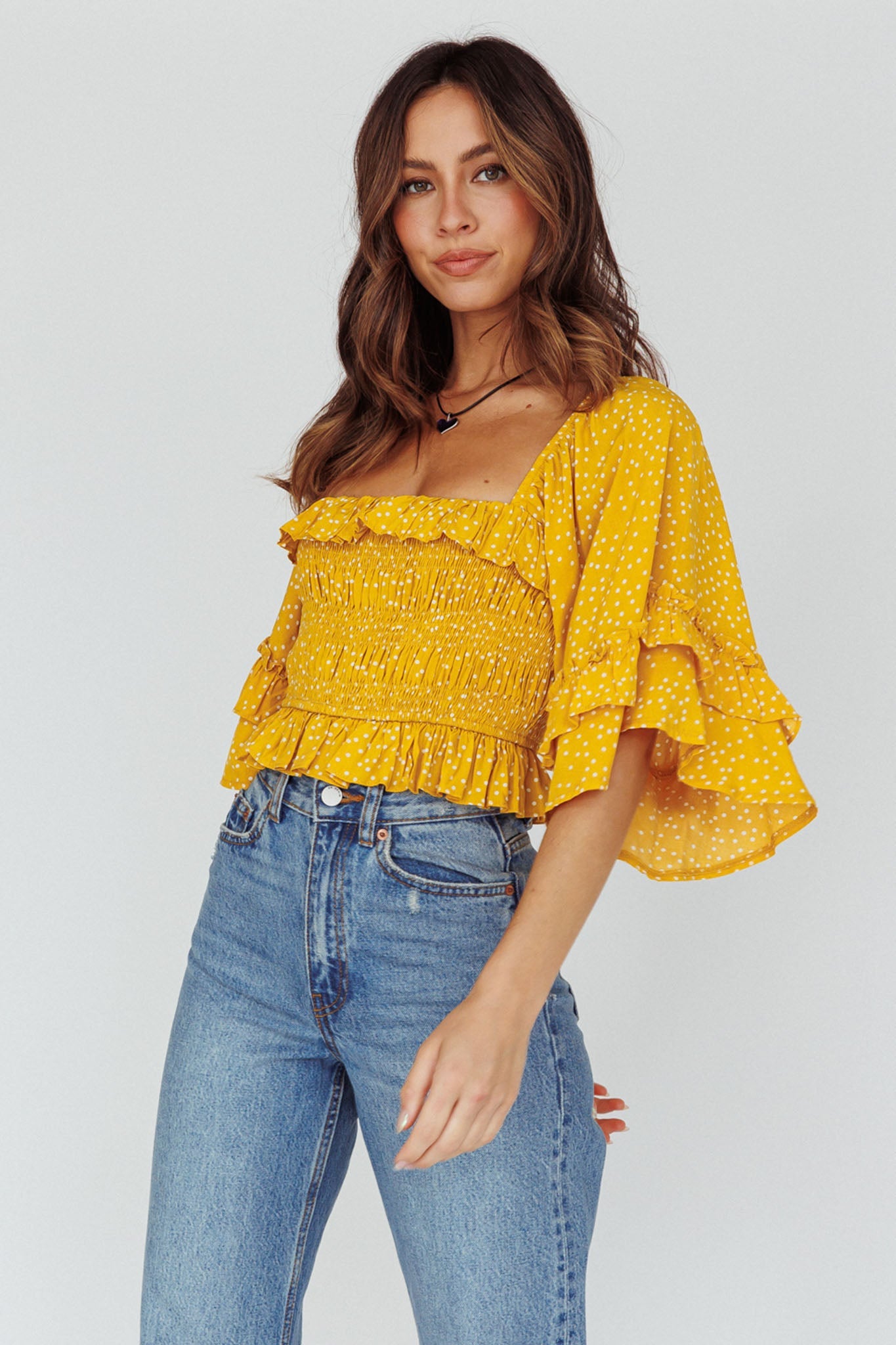 Boardwalk Bell Sleeve Crop Top Spotty Mustard