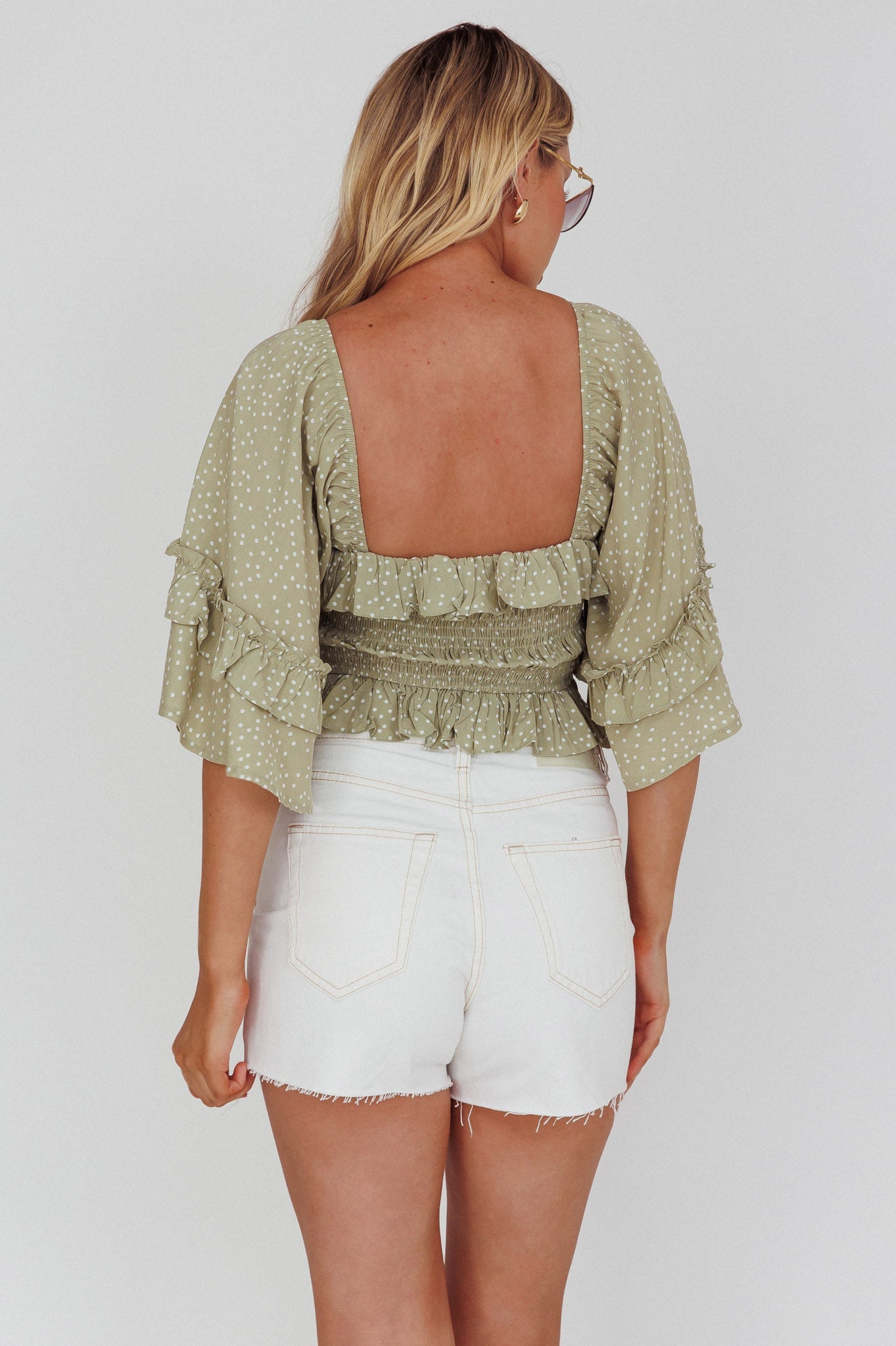 Boardwalk Bell Sleeve Crop Top Spotty Sage
