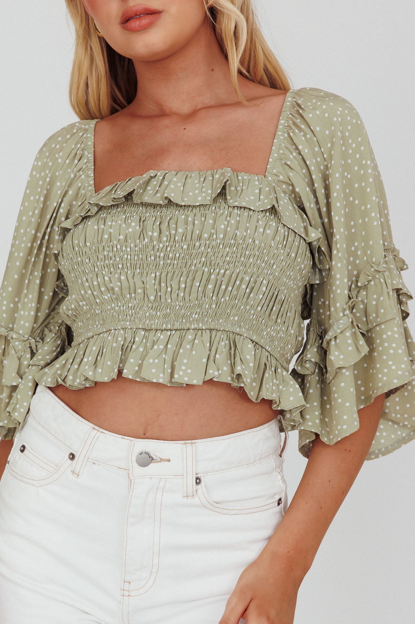Boardwalk Bell Sleeve Crop Top Spotty Sage