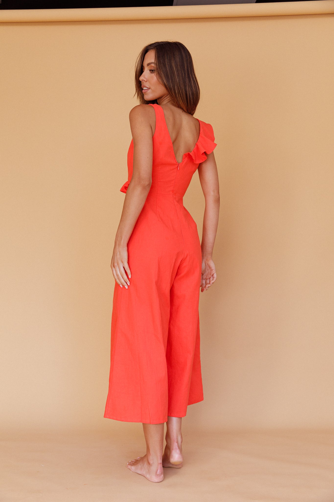 Cheryl Ruffle Strap Wide Leg Jumpsuit Tangerine