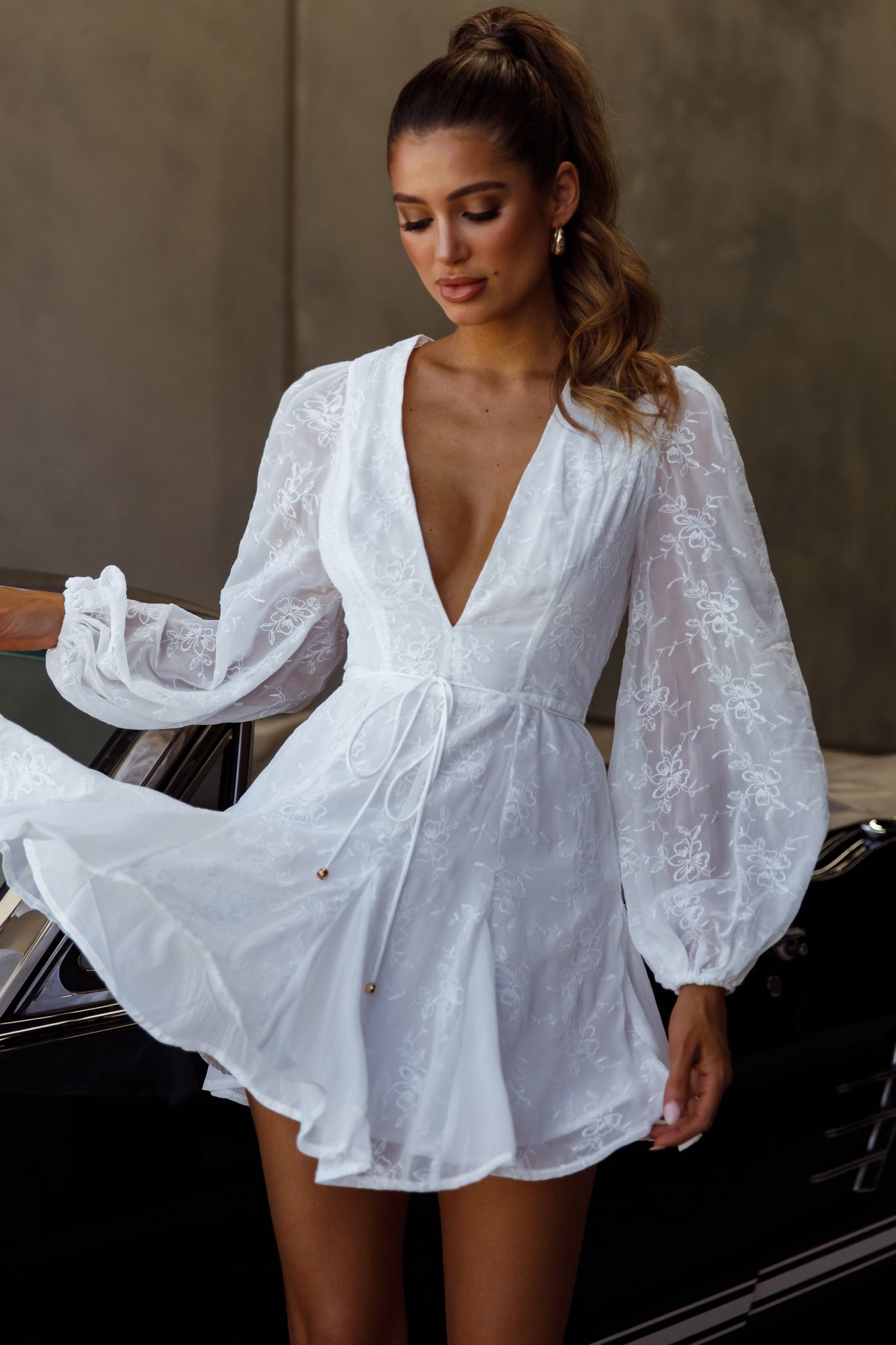 Estelle Long Sleeve V-Neckline Dress Embroidered White