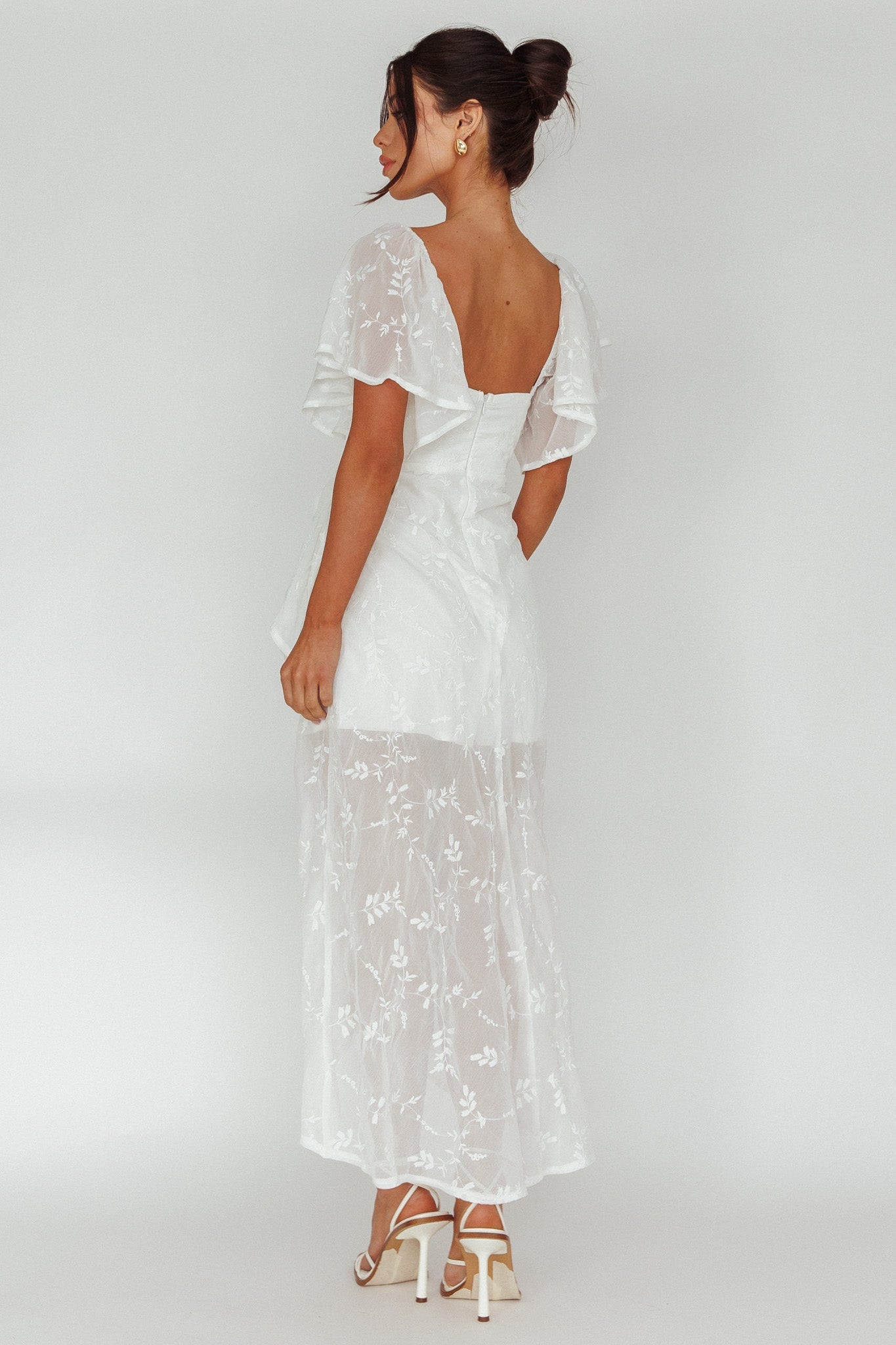 Aphrodite Molded Bust Angel Sleeve Midi Dress Floral White