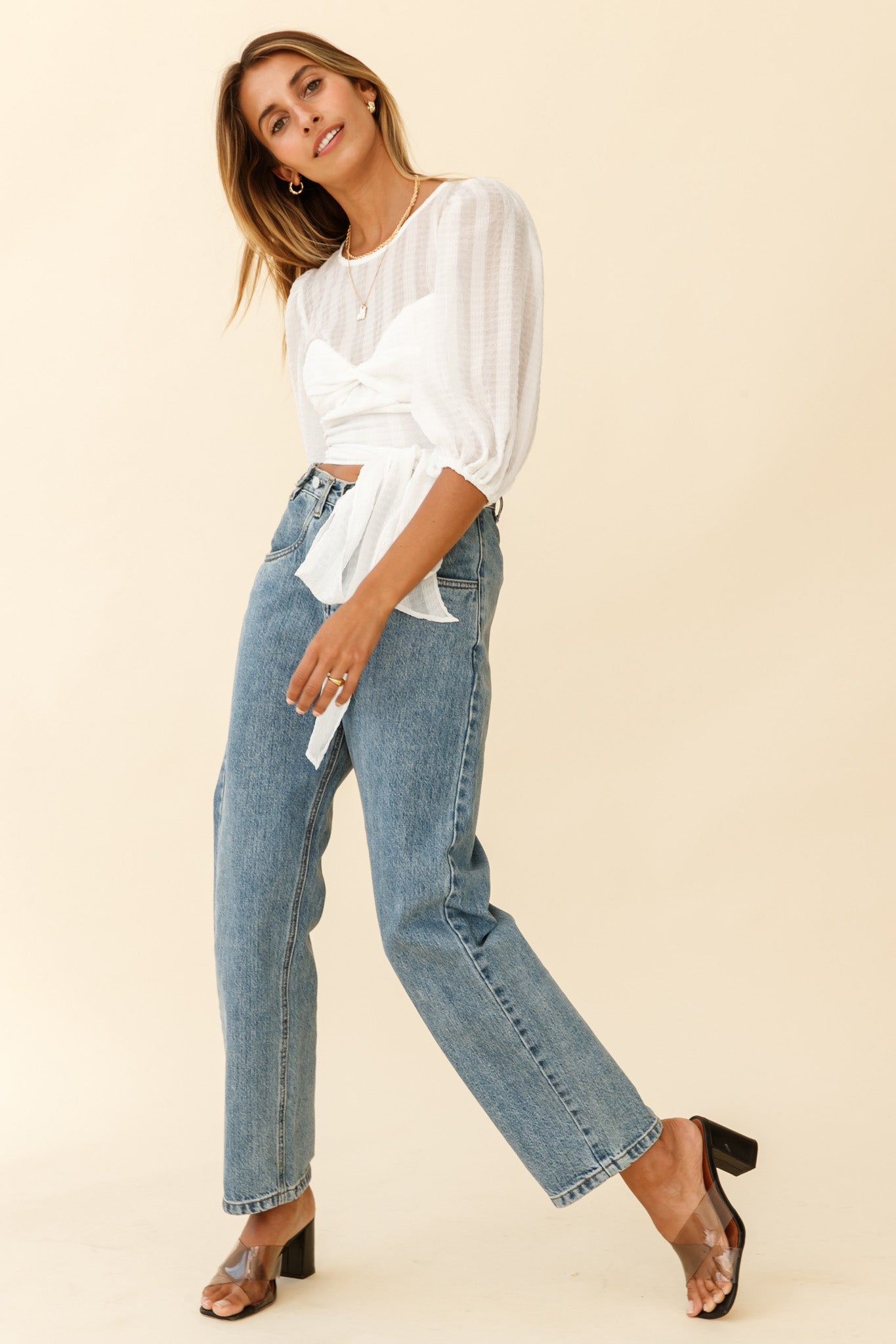 Emerson Puff Sleeve Waist Tie Top White