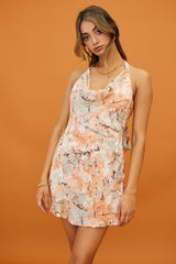Champagne Showers Halterneck Slip Mini Dress Marble Print Orange