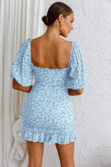 Aperol Spritz Shirred Bodice Puff Sleeve Mini Dress Floral Blue