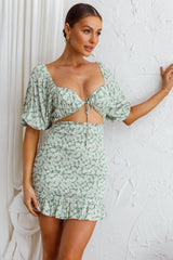 Aperol Spritz Shirred Bodice Puff Sleeve Mini Dress Floral Green