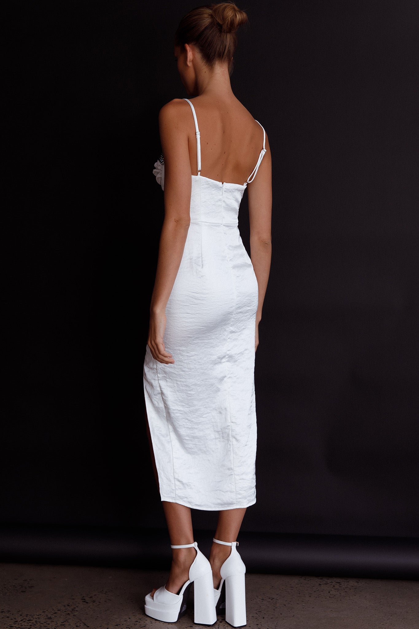 Fantasy Structured Bodice Ruched Midi Dress White