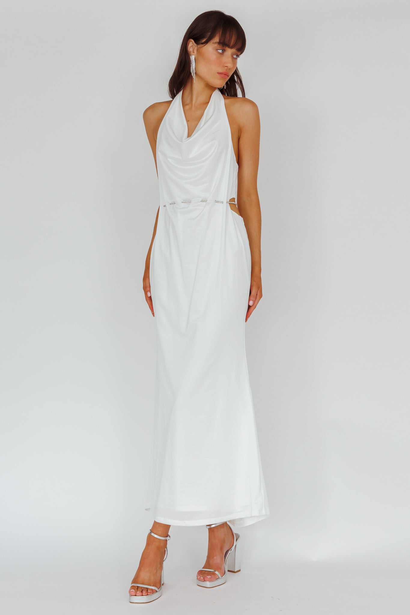 Emmi Cowl Neck Diamante Rope Dress White