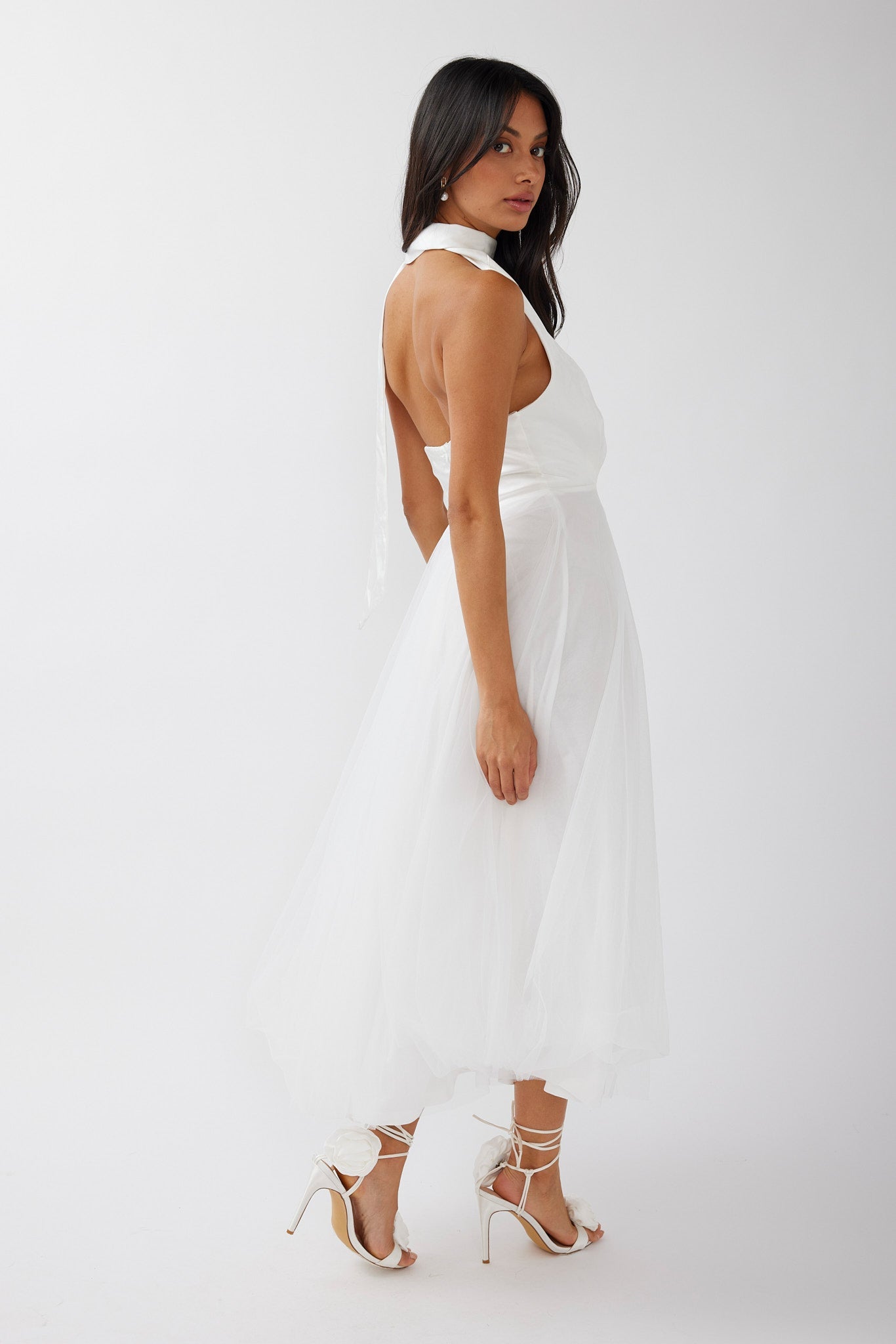 Darci Plunging Neckline Tulle Midi Dress White