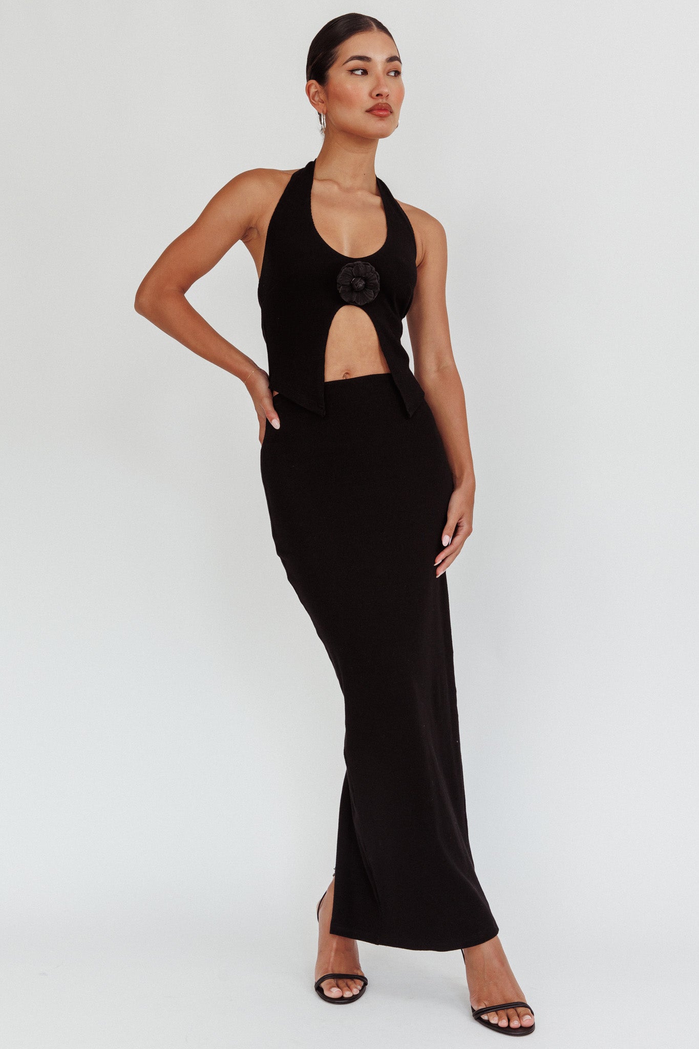 Blackthorn Halter Neck Rosette Top Black