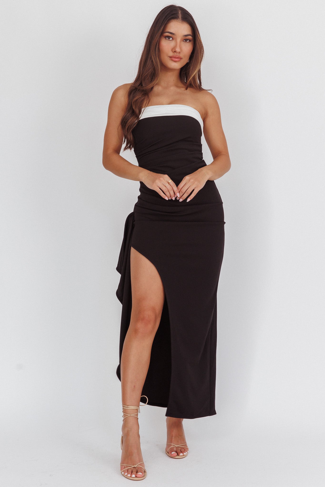 Cha Cha Strapless Thigh Split Dress Contrast Black