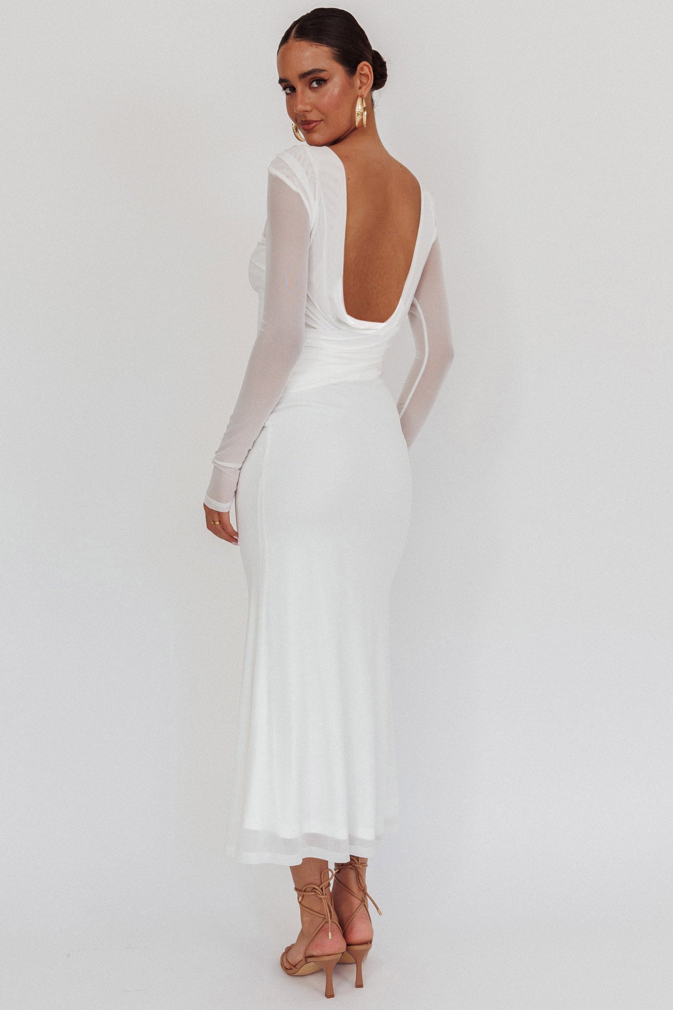 Lustre Open Back Mesh Maxi Dress White