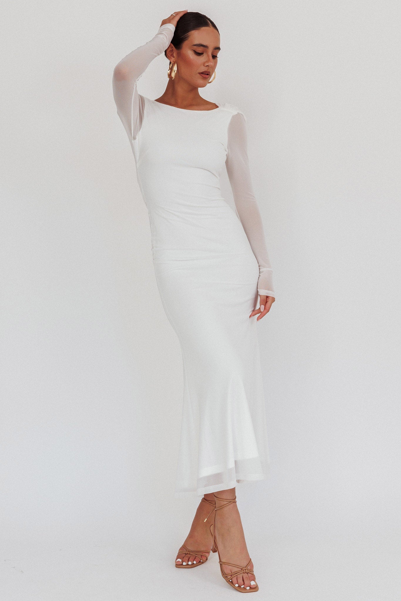 Lustre Open Back Mesh Maxi Dress White