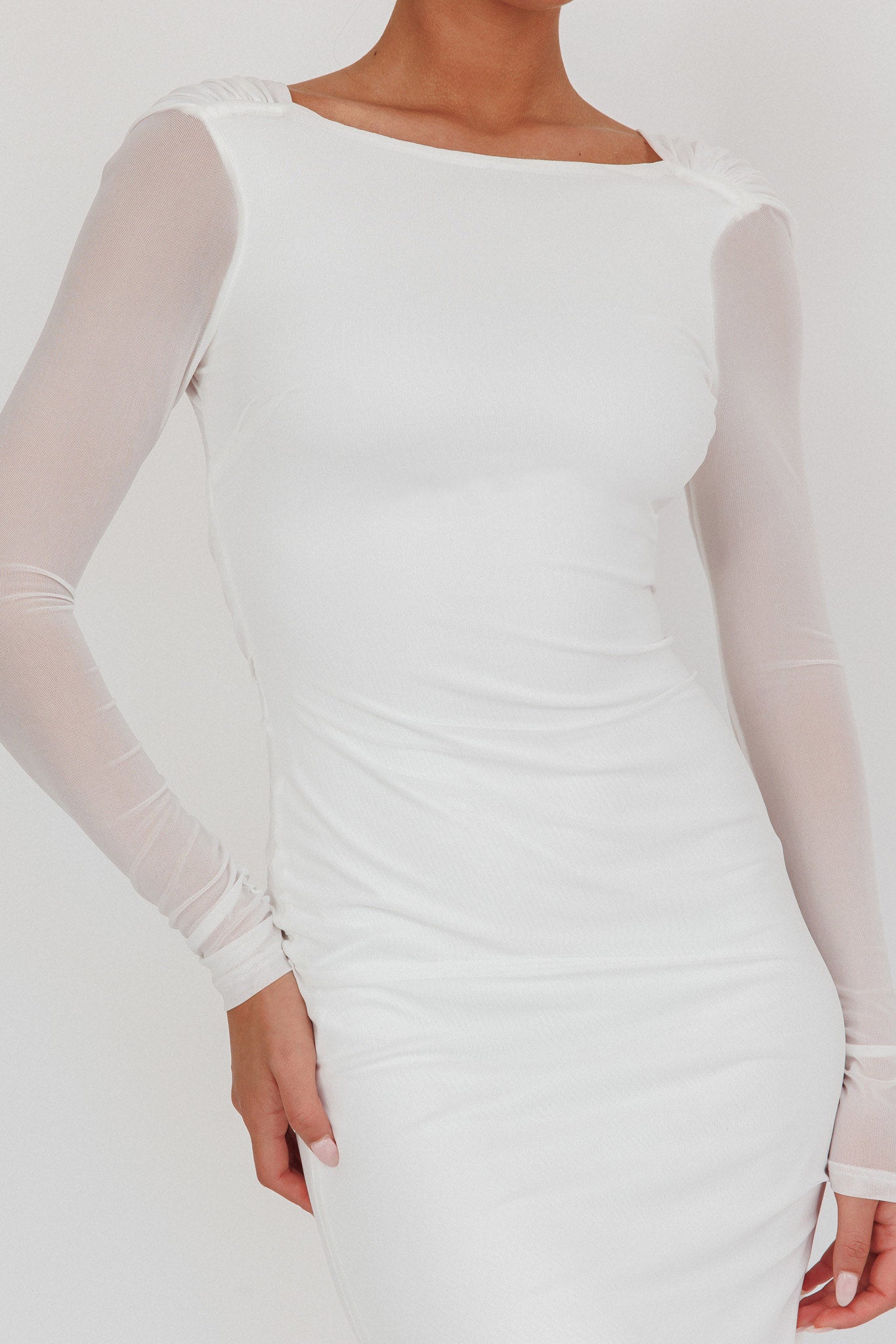 Lustre Open Back Mesh Maxi Dress White